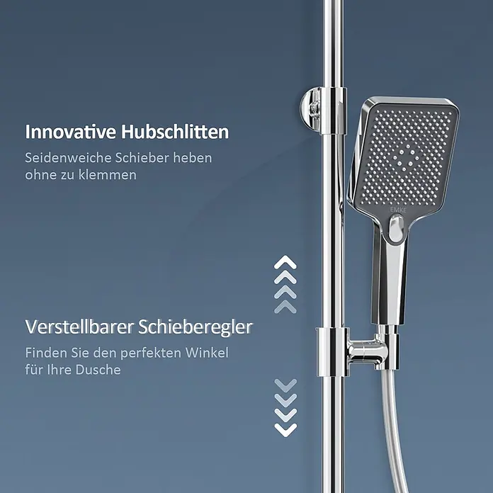 Emke Duschsystem Orbflow F10 - Mit Thermostatarmatur, Lochabstand: 72,6 cm, Anzahl Strahlarten: 3 Stk., Chrom - Verchromte Duschstange mit quadratischem Duschkopf, mit verstellbaren, leichtgängigen Schiebern für Höhe und Winkel.