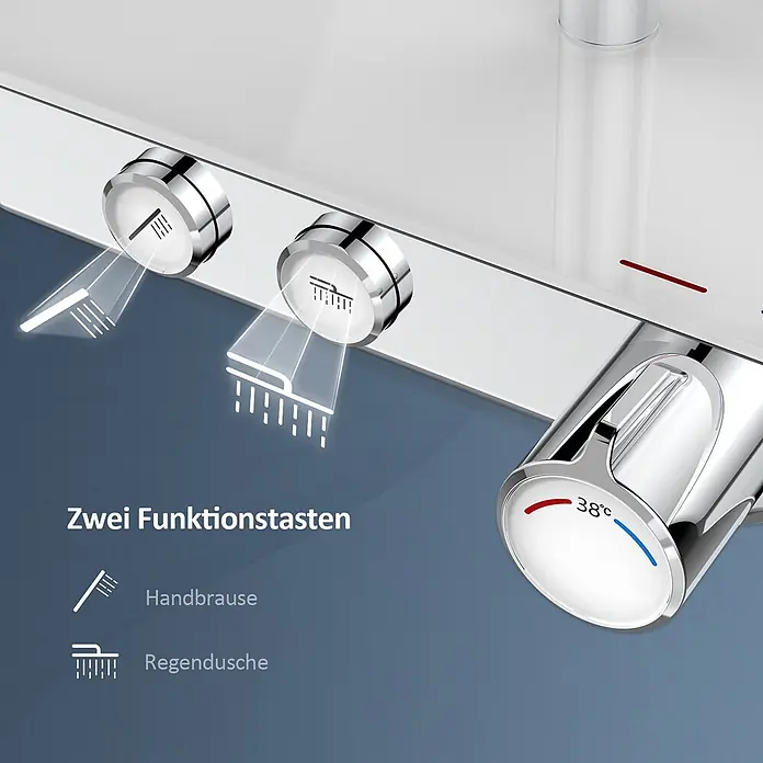 Emke Duschsystem Orbflow F08 - Mit Thermostatarmatur, Lochabstand: 72,2 cm, Anzahl Strahlarten: 3 Stk., Chrom - Verchromter Duschmischer mit zwei Funktionstasten für Hand- und Regendusche und Temperaturregler auf 38°C.