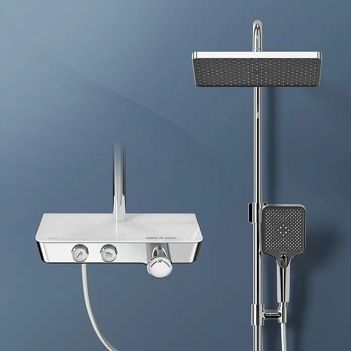 Emke Duschsystem Orbflow F08 - Mit Thermostatarmatur, Lochabstand: 72,2 cm, Anzahl Strahlarten: 3 Stk., Chrom - Modernes Duschsystem aus Chrom mit weißem Thermostatmischer, Kopf- und Handbrause.