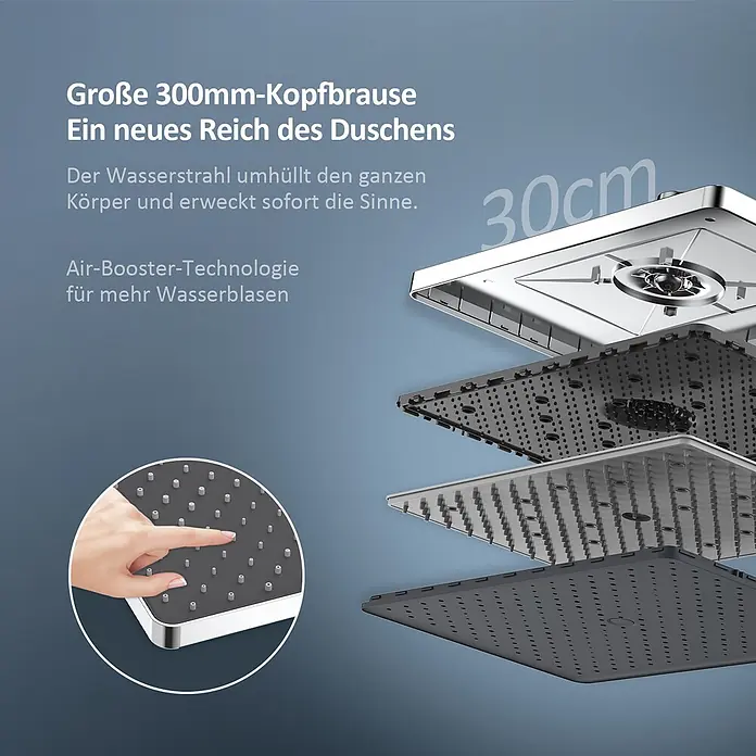 Emke Duschsystem Orbflow F08 - Mit Thermostatarmatur, Lochabstand: 72,2 cm, Anzahl Strahlarten: 3 Stk., Chrom - Explosionsdarstellung einer großen quadratischen Chrom-Duschbrause mit internen Schichten und flexiblen Silikondüsen, Hand drückt eine Düse.