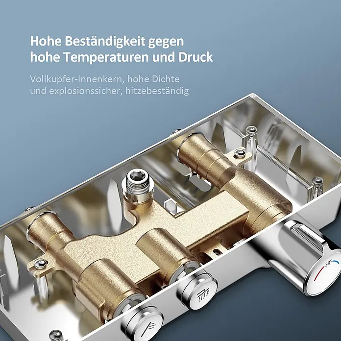 Emke Duschsystem Orbflow F08 - Mit Thermostatarmatur, Lochabstand: 72,2 cm, Anzahl Strahlarten: 3 Stk., Chrom - Innerer Messingkern eines thermostatischen Duschmischers mit Chromreglern, einschließlich 38°C-Skala. Beständig gegen hohe Temperaturen und Druck.