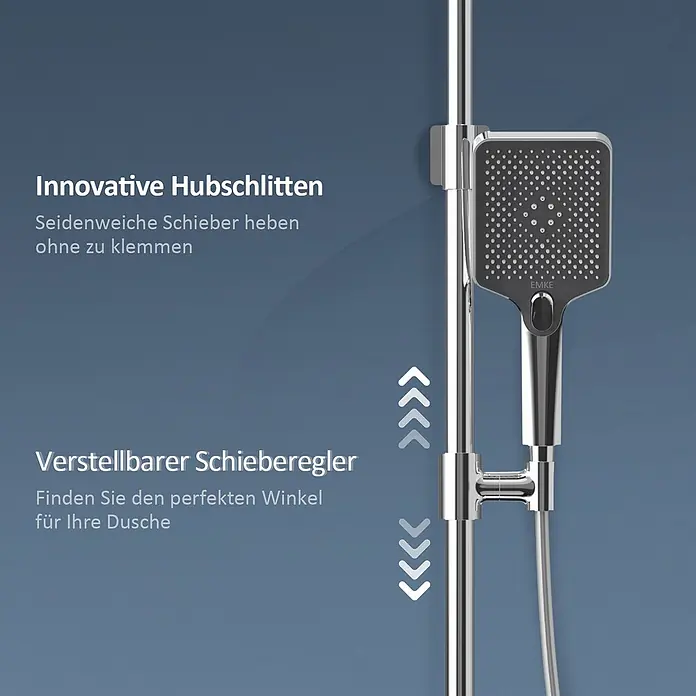 Emke Duschsystem Orbflow F08 - Mit Thermostatarmatur, Lochabstand: 72,2 cm, Anzahl Strahlarten: 3 Stk., Chrom - Chrom Duschstange mit quadratischer Handbrause, zeigt einstellbare Höhe und Winkel. Verfügt über einen leichtgängigen Schieber.