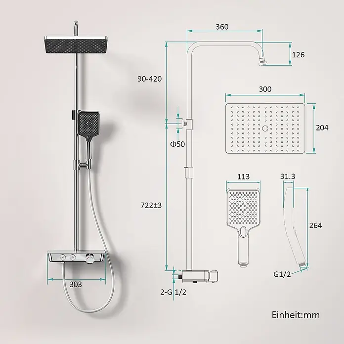 Emke Duschsystem Orbflow F08 - Mit Thermostatarmatur, Lochabstand: 72,2 cm, Anzahl Strahlarten: 3 Stk., Chrom - Verchromtes Duschsystem mit rechteckiger Kopf- und quadratischer Handbrause sowie Thermostatmischer, mit Maßen dargestellt.