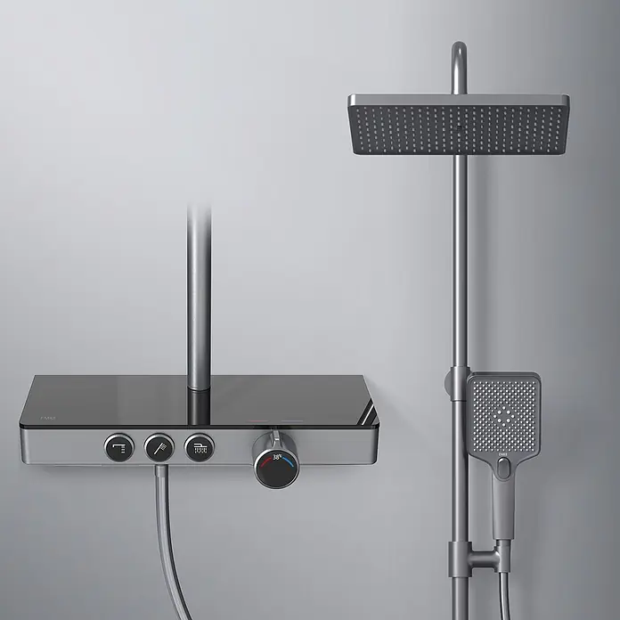 Emke Duschsystem Orbflow F09 - Mit Thermostatarmatur, Lochabstand: 70,7 cm, Anzahl Strahlarten: 3 Stk., Anthrazit - Modernes graues Thermostat-Duschsystem mit rechteckiger Kopf- und Handbrause sowie Bedienfeld mit 38°C-Drehknopf.