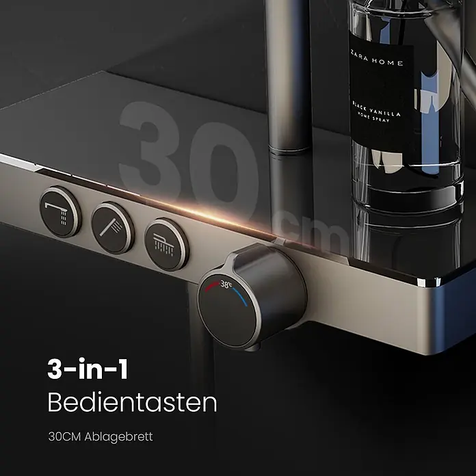 Emke Duschsystem Orbflow F09 - Mit Thermostatarmatur, Lochabstand: 70,7 cm, Anzahl Strahlarten: 3 Stk., Anthrazit - Elegantes, dunkelgraues Duschpaneel mit drei Drucktasten für Duschmodi, einem 38°C Temperaturregler und einer 30 cm Ablage.
