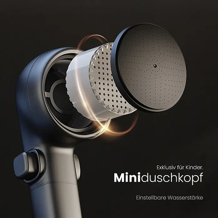 Emke Duschsystem Orbflow F09 - Mit Thermostatarmatur, Lochabstand: 70,7 cm, Anzahl Strahlarten: 3 Stk., Anthrazit - Dunkelgrauer Mini-Duschkopf, zerlegt zeigt Innenfilter und Komponenten. Seitenknopf, einstellbare Wasserstärke, für Kinder.