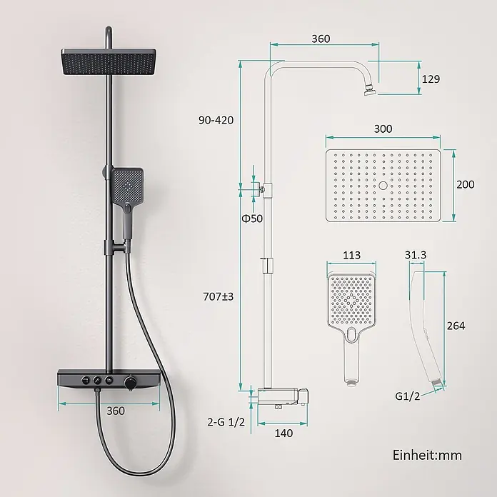 Emke Duschsystem Orbflow F09 - Mit Thermostatarmatur, Lochabstand: 70,7 cm, Anzahl Strahlarten: 3 Stk., Anthrazit - Dunkelgraues Duschsystem mit rechteckiger Kopf- und Handbrause, Bedienfeld und Maßangaben.