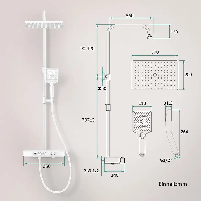 Emke Duschsystem Orbflow F09 - Mit Thermostatarmatur, Lochabstand: 70,7 cm, Anzahl Strahlarten: 3 Stk., Weiß - Weißes Duschsystem mit Thermostatarmatur, Kopf- und Handbrause sowie Maßzeichnung zur Installation.
