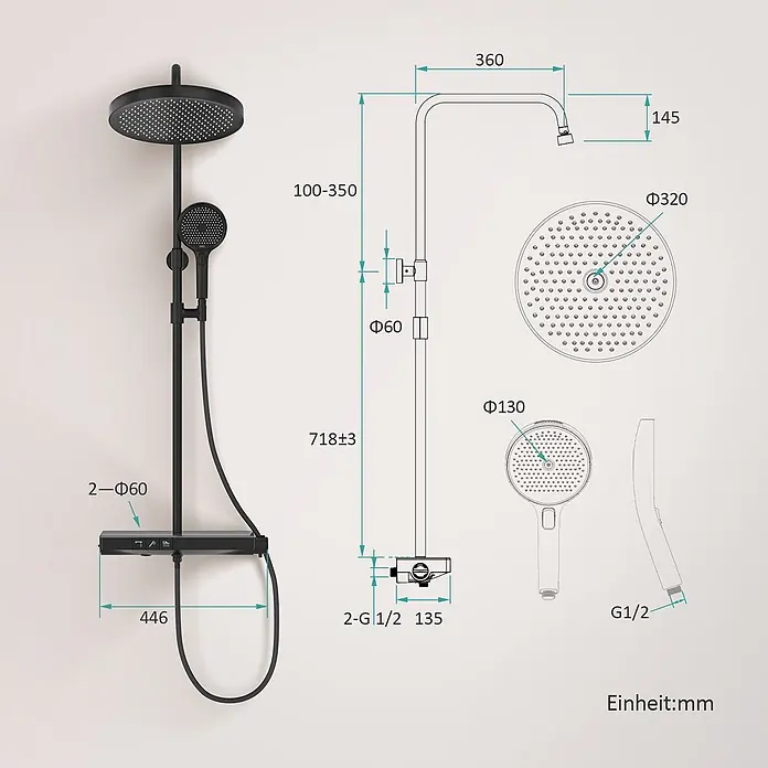Emke Duschsystem SleeFlow F22 - Mit Thermostatarmatur, Lochabstand: 71,8 cm, Anzahl Strahlarten: 3 Stk., Schwarz - Schwarzes Duschsystem mit großer Regendusche, Handbrause und Thermostatmischer, inklusive detaillierter Maße.