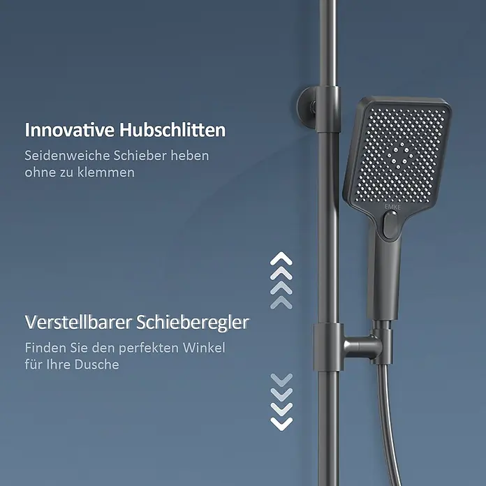 Emke Duschsystem Orbflow F10 - Mit Thermostatarmatur, Lochabstand: 72,6 cm, Anzahl Strahlarten: 3 Stk., Anthrazit - Dunkelgraue Duschstange mit verstellbarem, quadratischem Duschkopf. Sanft gleitender Mechanismus für mühelose Höhen- und Winkelanpassung.