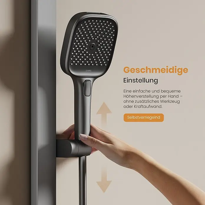 Emke Duschsystem SleeFlow F29 - Mit Thermostatarmatur, Lochabstand: 105 cm, Anzahl Strahlarten: 4 Stk., Anthrazit - Dunkelgrauer Handbrausekopf wird von Hand an einer Duschstange verstellt, was eine einfache Höhenanpassung zeigt.