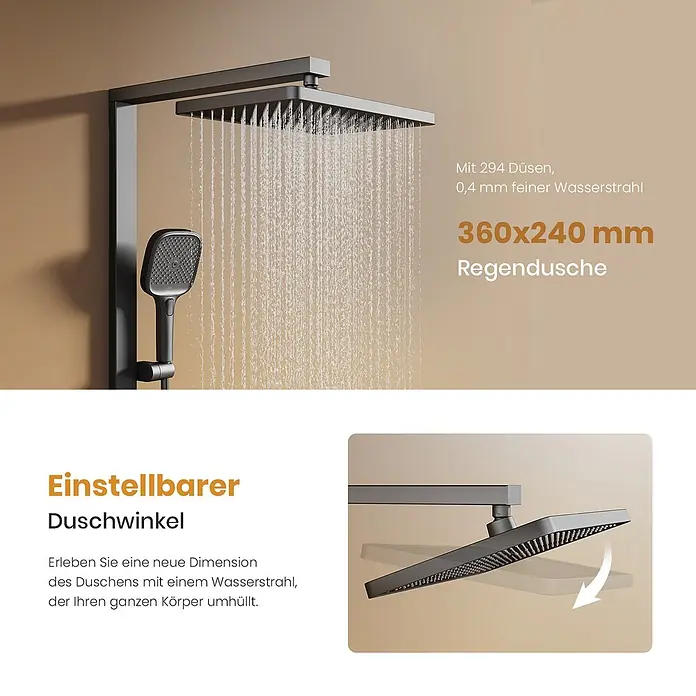 Emke Duschsystem SleeFlow F29 - Mit Thermostatarmatur, Lochabstand: 105 cm, Anzahl Strahlarten: 4 Stk., Anthrazit - Matt dunkelgraue Regendusche mit fließendem Wasser und passender Handbrause. Die Dusche ist im einstellbaren Winkel gezeigt.