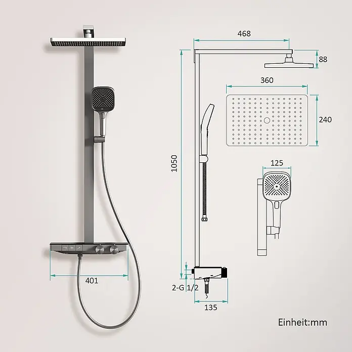 Emke Duschsystem SleeFlow F29 - Mit Thermostatarmatur, Lochabstand: 105 cm, Anzahl Strahlarten: 4 Stk., Anthrazit - Modernes graues Duschsystem mit quadratischem Regenduschkopf, Handbrause und Bedienfeld, detailgetreu bemaßt.