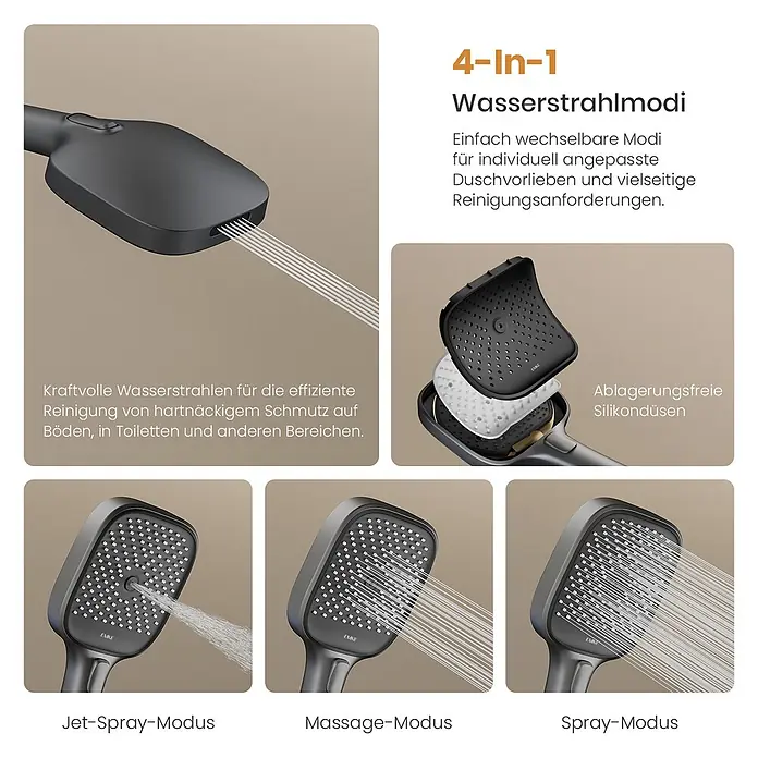 Emke Duschsystem SleeFlow F29 - Mit Thermostatarmatur, Lochabstand: 105 cm, Anzahl Strahlarten: 4 Stk., Anthrazit - Dunkelgrauer 4-in-1 Duschkopf zeigt leistungsstarken Reinigungsstrahl, Jet-, Massage- und Sprühmodi, mit kalkfreien Silikondüsen.