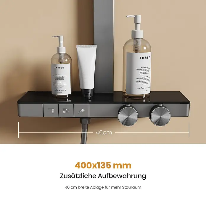 Emke Duschsystem SleeFlow F29 - Mit Thermostatarmatur, Lochabstand: 105 cm, Anzahl Strahlarten: 4 Stk., Anthrazit - Dunkelgraue Duschablage mit integrierten Bedienelementen und 40 cm breiter Ablagefläche für Pflegeprodukte. Misst 400x135 mm.