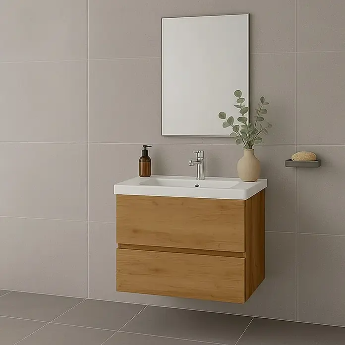 Conjunto de mueble de baño Cancún - Ancho: 100 cm, Roble, 3 pzs. - Mueble de baño suspendido con armario de madera clara de dos cajones y lavabo blanco.