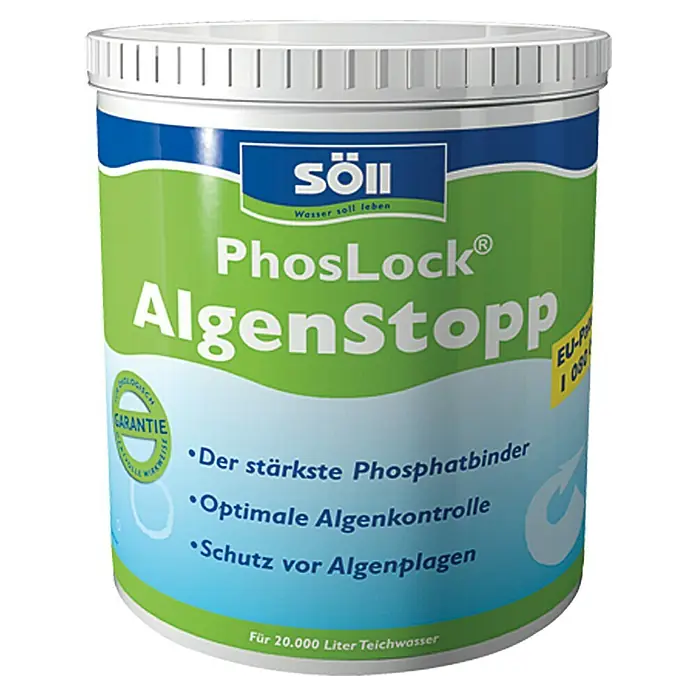 Söll AlgenStopp PhosLock - 1 kg, Max. ausreichend für Flüssigkeitsmenge: 20.000 l - Produktabbildung von Söll PhosLock AlgenStopp, ein Mittel zur Bekämpfung von Algen in Teichen.