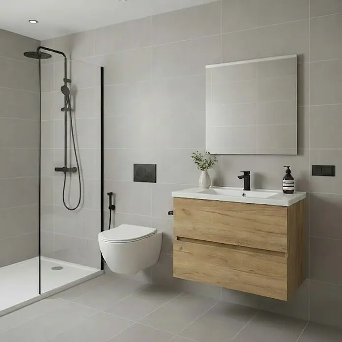 Conjunto de mueble de baño Cancún - Ancho: 60 cm, Roble, 3 pzs. - Baño moderno con mueble de madera natural, lavabo blanco, inodoro suspendido y sistema de ducha negro con mampara de cristal.