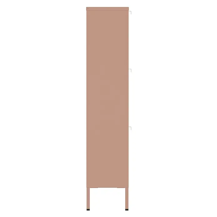Happy Garden Schuhschrank MARION - Rose - Hoher, roségoldener Metallschrank im minimalistischen Design mit kleinen Seitengriffen auf dunklen Füßen.