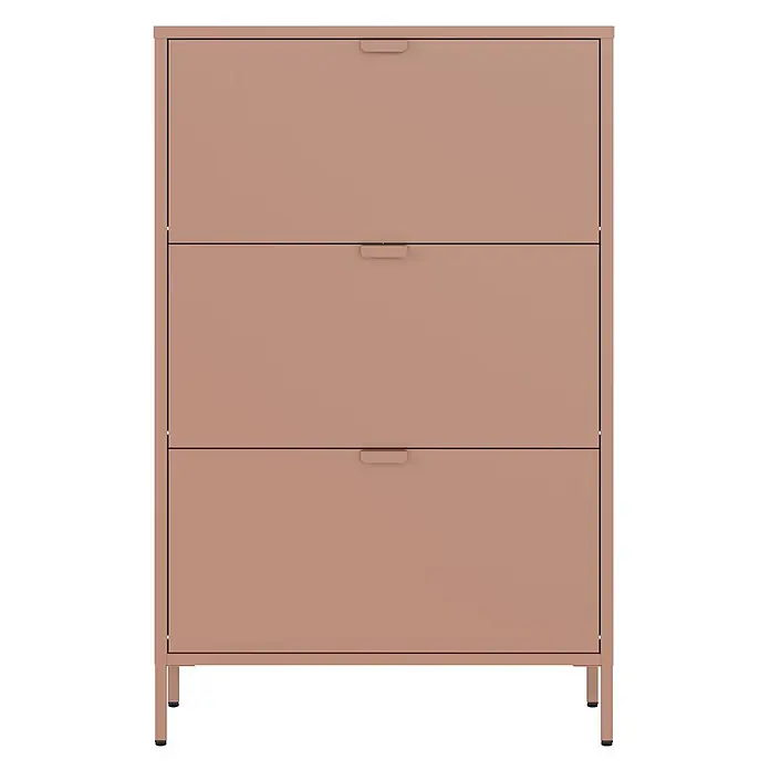 Happy Garden Schuhschrank MARION - Rose - Mattes altrosa Metallschränkchen mit drei Schubladen, integrierten Griffen und dünnen Beinen.