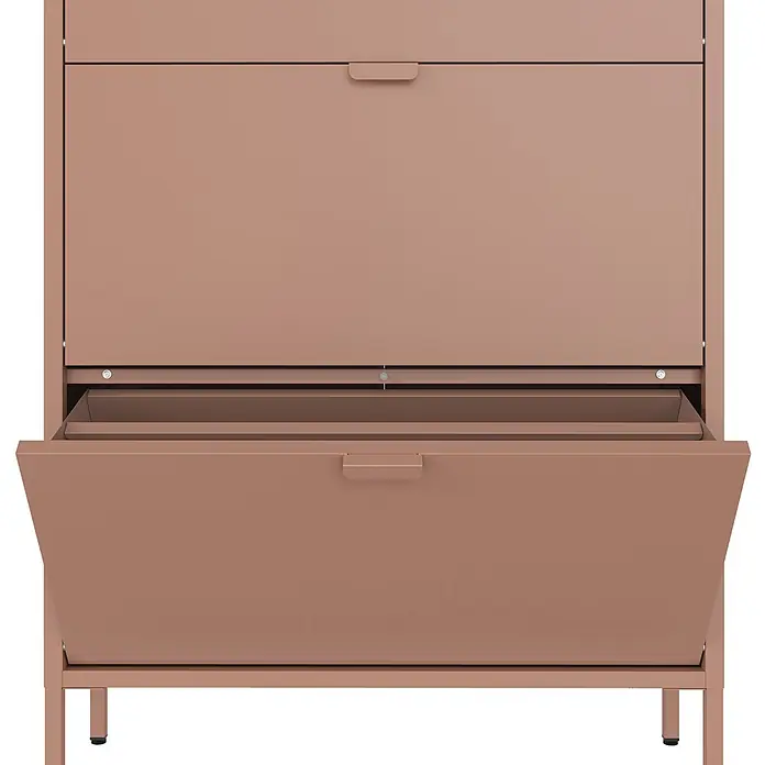 Happy Garden Schuhschrank MARION - Rose - Kupferfarbener Metallschuhschrank mit geöffneter Kippschublade.