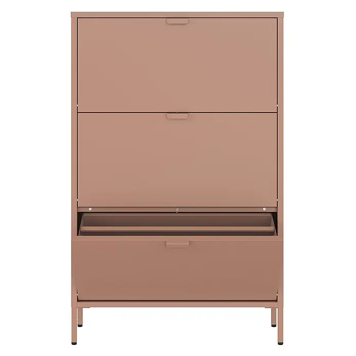 Happy Garden Schuhschrank MARION - Rose - Terrakottafarbener Schuhschrank aus Metall mit drei Kippfächern, das unterste offen für Schuhaufbewahrung.
