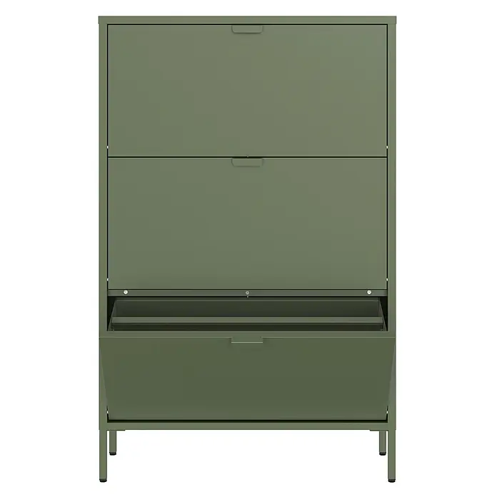 Happy Garden Schuhschrank MARION - Khakigrün - Dunkelgrüner Metallschuhschrank mit drei kippbaren Fächern, eines offen, auf schlanken Beinen.