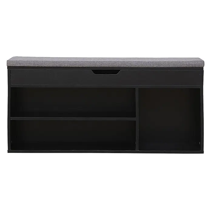 Happy Garden Schuhschrank ALAN - Schwarz - Schwarze Schuhbank mit grauem Stoffkissen, einer Schublade und offenen Ablagefächern.