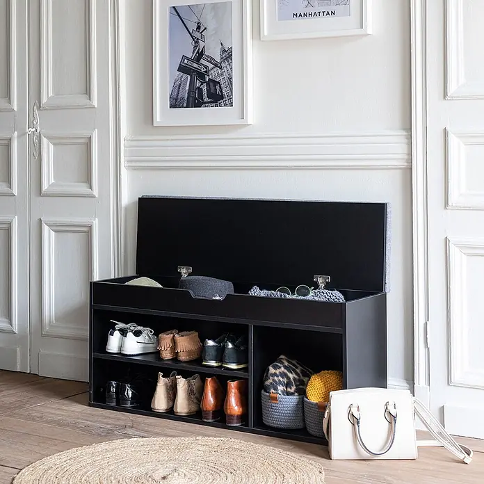 Happy Garden Schuhschrank ALAN - Schwarz - Schwarze Schuhbank mit Klappdeckel für zusätzlichen Stauraum, zur Organisation von Schuhen und Accessoires im Eingangsbereich.