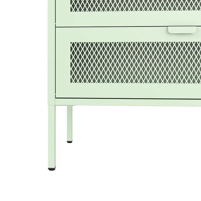 Happy Garden Schuhschrank EMMA - Grün - Hellgrüner Metallschrank mit perforierten Rautentüren und einer Schublade, auf schlanken Beinen stehend.