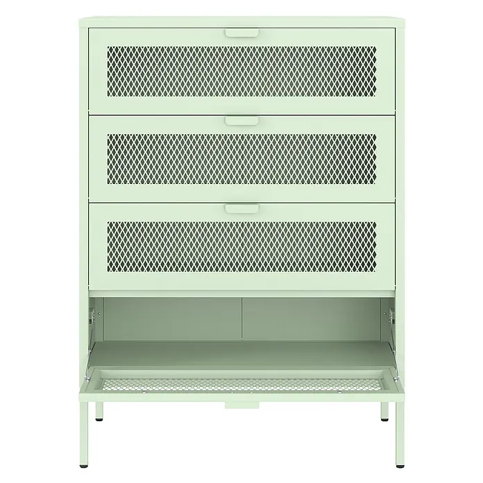 Happy Garden Schuhschrank EMMA - Grün - Hellgrüner Metallschrank mit 3 perforierten Schubladen und offenem Fach mit perforierter Klapptür.