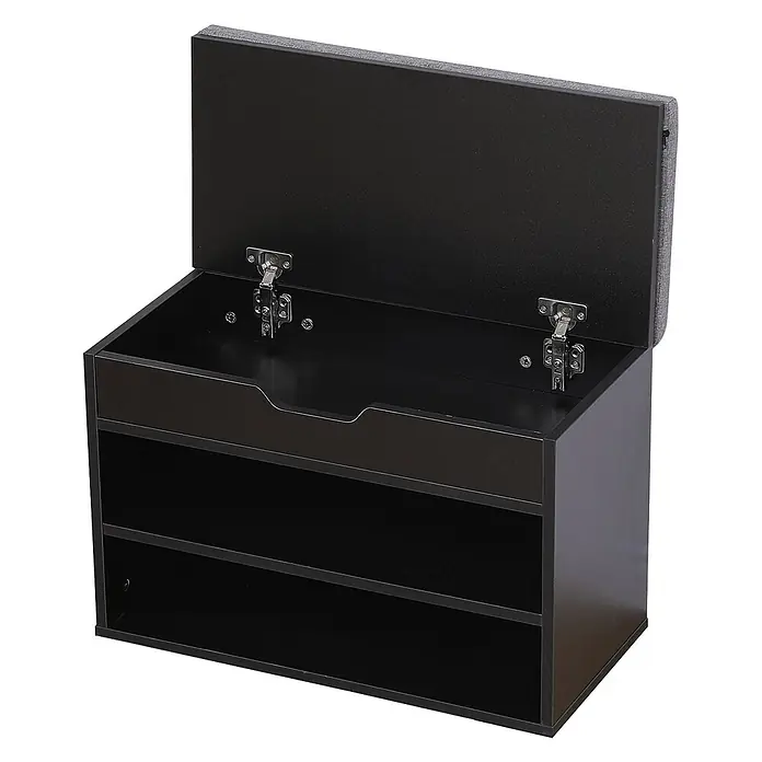 Happy Garden Schuhschrank ALAN - Schwarz - Schwarze Schuhbank mit grau gepolstertem Klappdeckel für Stauraum und zwei offenen Regalböden darunter.