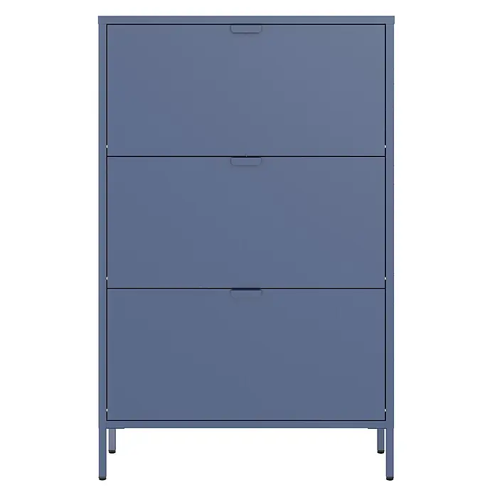 Happy Garden Schuhschrank MARION - Blaugrau - Blauer Metallschuhschrank mit drei kippbaren Fächern und integrierten Griffen, auf schlanken Beinen stehend.