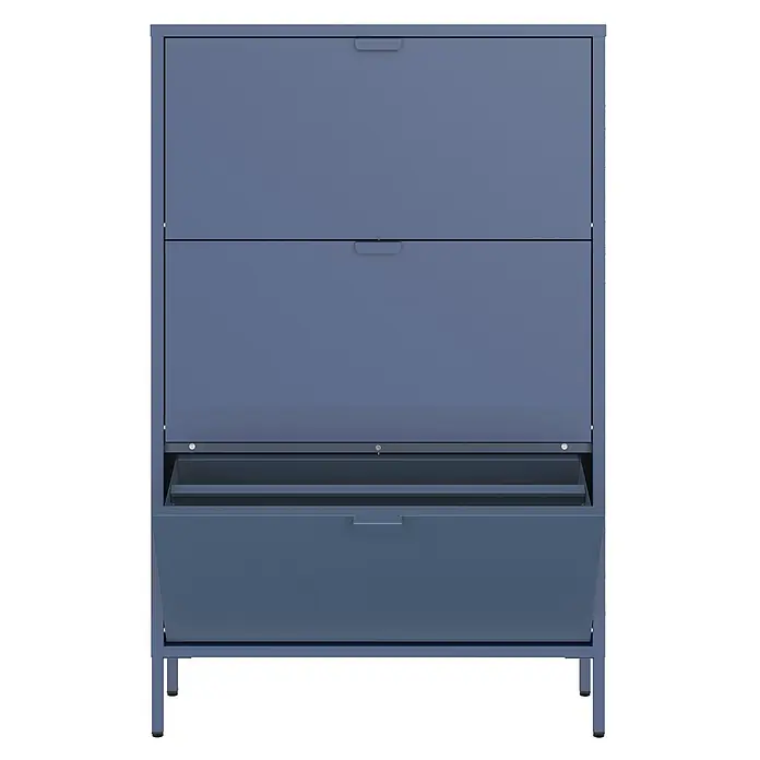Happy Garden Schuhschrank MARION - Blaugrau - Blauer Metall-Schuhschrank mit drei Kippfächern, eines geöffnet zeigt Innenregale.
