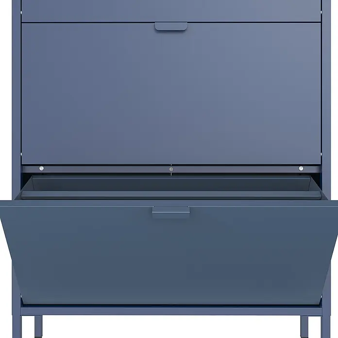 Happy Garden Schuhschrank MARION - Blaugrau - Blauer Schuhschrank aus Metall mit zwei Kippfächern, eines offen mit einer internen Ablage.