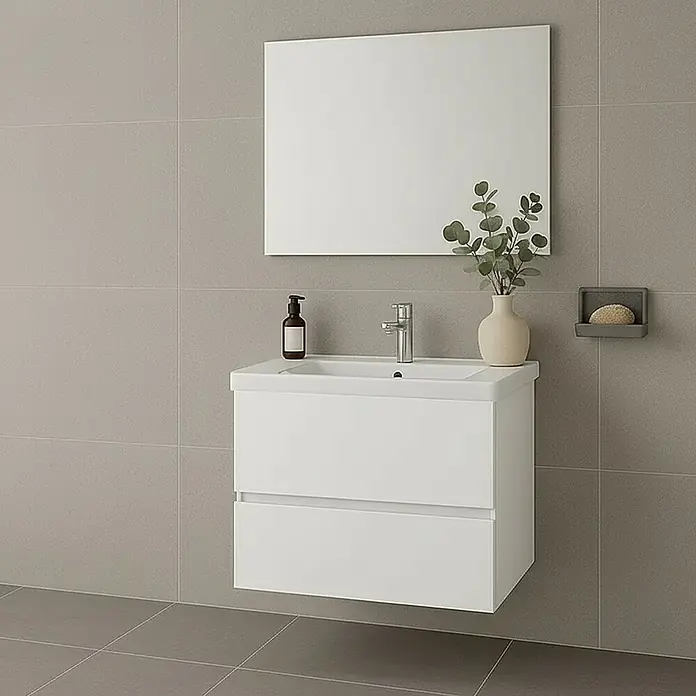 Conjunto de mueble de baño Cancún - Ancho: 100 cm, Blanco, 3 pzs. - Mueble de baño blanco suspendido con lavabo integrado y dos cajones.