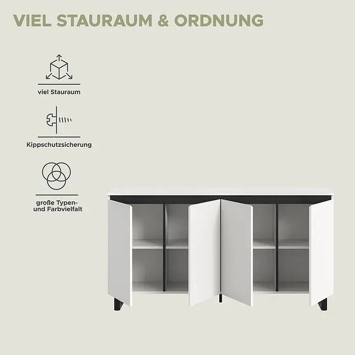 xonox.home Tomasa Sideboard - L x B x H: 36 x 160 x 84 cm, Weiß, Anzahl Türen: 4 Stk. - Weiß-schwarzes Sideboard mit vier Staufächern, zwei davon offen mit Regalböden.