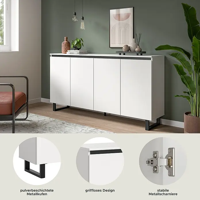 xonox.home Tomasa Sideboard - L x B x H: 36 x 160 x 84 cm, Weiß, Anzahl Türen: 4 Stk. - Weißes Sideboard mit schwarzen, pulverbeschichteten Metallkufen und grifflosen Türen, ausgestattet mit stabilen Metallscharnieren, in modernem Wohnambiente.