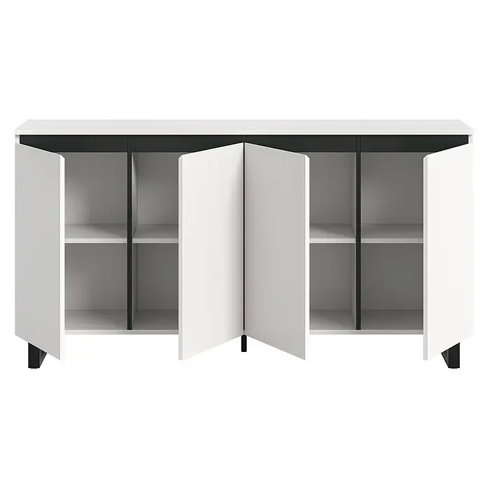 xonox.home Tomasa Sideboard - L x B x H: 36 x 160 x 84 cm, Weiß, Anzahl Türen: 4 Stk. - Weißer viertüriger Aufbewahrungsschrank mit offenen Türen, der weiße Innenablagen, schwarze Innenteile und schwarze Füße zeigt.