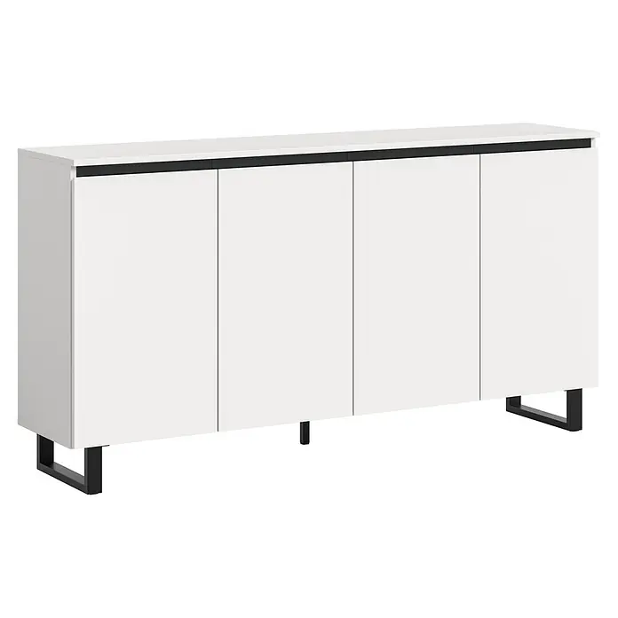 xonox.home Tomasa Sideboard - L x B x H: 36 x 160 x 84 cm, Weiß, Anzahl Türen: 4 Stk. - Weißes, modernes Sideboard mit vier Türen, integrierten schwarzen Griffen und schwarzen Metallfüßen.
