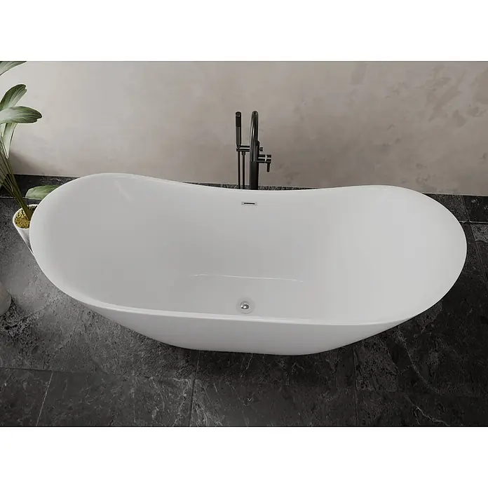 Bad Land Freistehende Badewanne IVAR freistehende Badewanne 180 x 80 cm Weiß, inkl. Klick-Klack-Ablauf - Acryl, weiß - Weiße freistehende ovale Badewanne mit schwarzer Standarmatur.