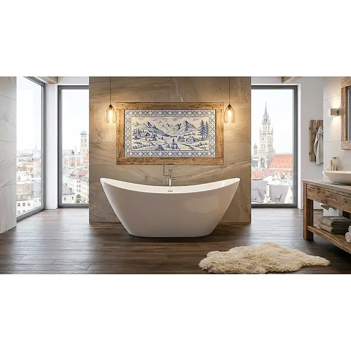 Bad Land Freistehende Badewanne IVAR freistehende Badewanne 180 x 80 cm Weiß, inkl. Klick-Klack-Ablauf - Acryl, weiß - Weiße freistehende Badewanne in einem modernen Badezimmer mit Stadtblick.