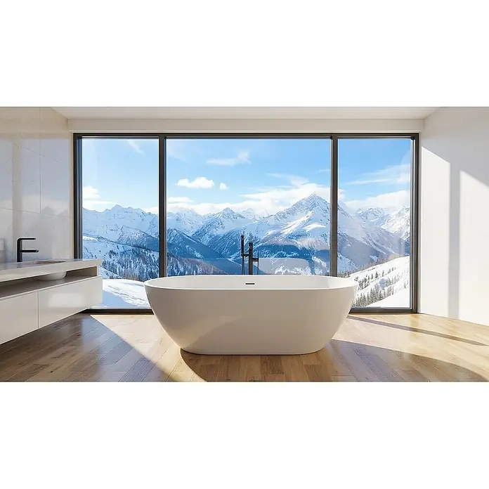 Bad Land Freistehende Badewanne ASGER freistehende Badewanne 170 x 75 cm Weiß, inkl. Klick-Klack-Ablauf - Acryl, weiß - Freistehende weiße Badewanne in einem modernen Badezimmer mit Bergblick.