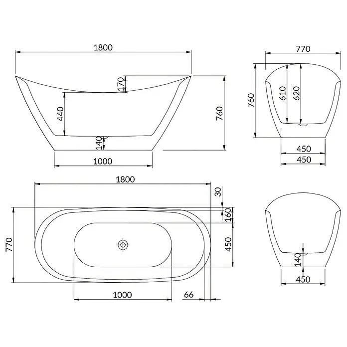Bad Land Freistehende Badewanne IVAR freistehende Badewanne 180 x 80 cm Weiß, inkl. Klick-Klack-Ablauf - Acryl, weiß - Technische Zeichnung einer freistehenden Badewanne mit Maßen: Länge 1800mm, Breite 770mm, Höhe 760mm und Innenmaßen.