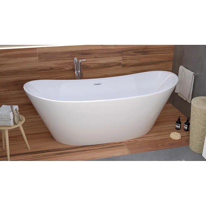 Bad Land Freistehende Badewanne - L x B: 170 x 80 cm, Acryl, weiß - Moderne, weiße, freistehende ovale Badewanne mit Chromarmatur in einem stilvollen Bad.