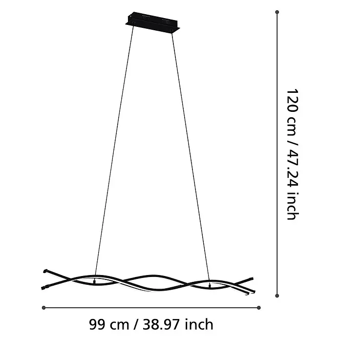 Eglo Lasana 3 LED-Pendelleuchte - 33 W, L x B x H: 98,5 x 8 x 120 cm, Schwarz, Warmweiß - Moderne schwarze Hängeleuchte mit wellenförmigem Design, von einer rechteckigen Deckenhalterung abgehängt.