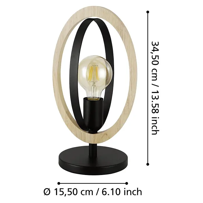 Eglo Basildon Tischleuchte - 40 W, L x B x H: 19 x 16 x 34,5 cm, E27 - Schwarze und holzfarbene Tischleuchte mit modernem Orbitaldesign, klarer Edison-LED-Birne auf rundem schwarzem Sockel.