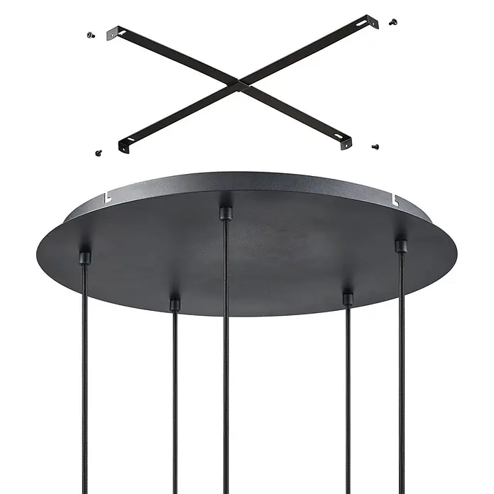 Eglo Pendelleuchte rund - 40 W, Ø x H: 58,5 x 150 cm, Schwarz - Schwarze Metall-Kreuzhalterung mit Schrauben und runde schwarze Deckenrosette mit mehreren schwarzen Textilkabeln.
