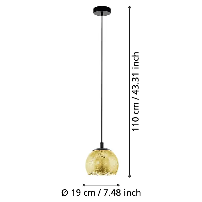 Eglo Pendelleuchte rund - 40 W, Ø x H: 19 x 110 cm, Schwarz - Goldene, strukturierte kugelförmige Pendelleuchte mit schwarzer Rosette und Kabel. Gesamthöhe 110 cm, Schirm Ø 19 cm.
