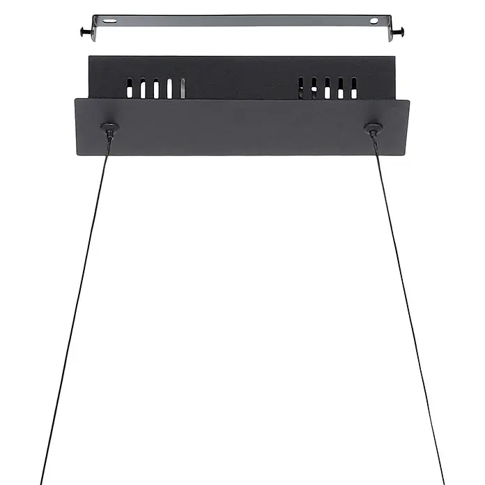 Eglo Lasana 3 LED-Pendelleuchte - 33 W, L x B x H: 98,5 x 8 x 120 cm, Schwarz, Warmweiß - Schwarze Metall-Deckenhalterung für Pendelleuchte mit separatem Befestigungsbügel und Schrauben. Zwei Kabel hängen herab.